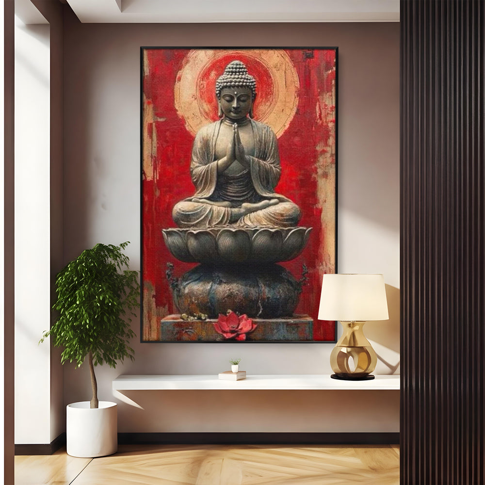 Tablou canvas cu tablou canvas cu statuie buddha pe floare de lotus, in rama de aluminiu negru